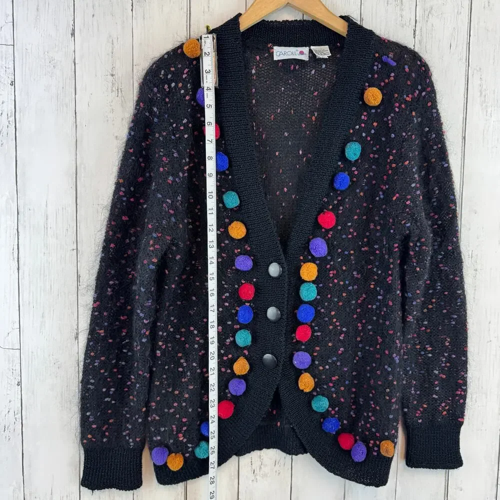 VTG Caroll Black Multi Polka Dot Pom-Poms Mohair-Acrylic Cardigan Size Large